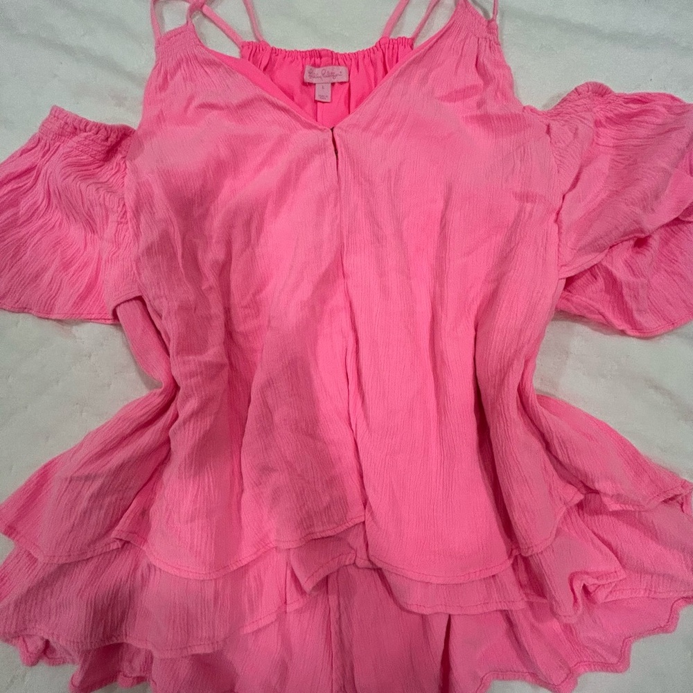 Lilly Pulitzer NWOT Off-the-Shoulder Ruffle Top Size Large Hot Pink - Picture 2 of 5